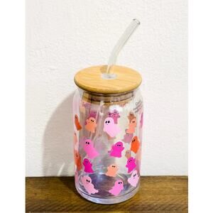 NEW: Pink Ghost, Halloween, Glass Can Sipper with Lid and Straw